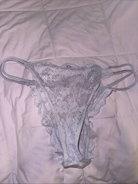 NWT Victoria’s Secret Bling Silver Rhinestone Strap Light Blue Lace Panty